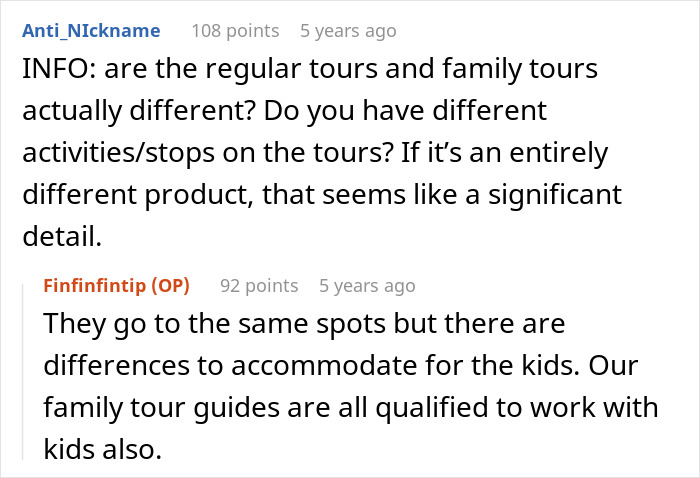 Screenshot of a forum discussion about differences between regular tours and family tours by a tour company.