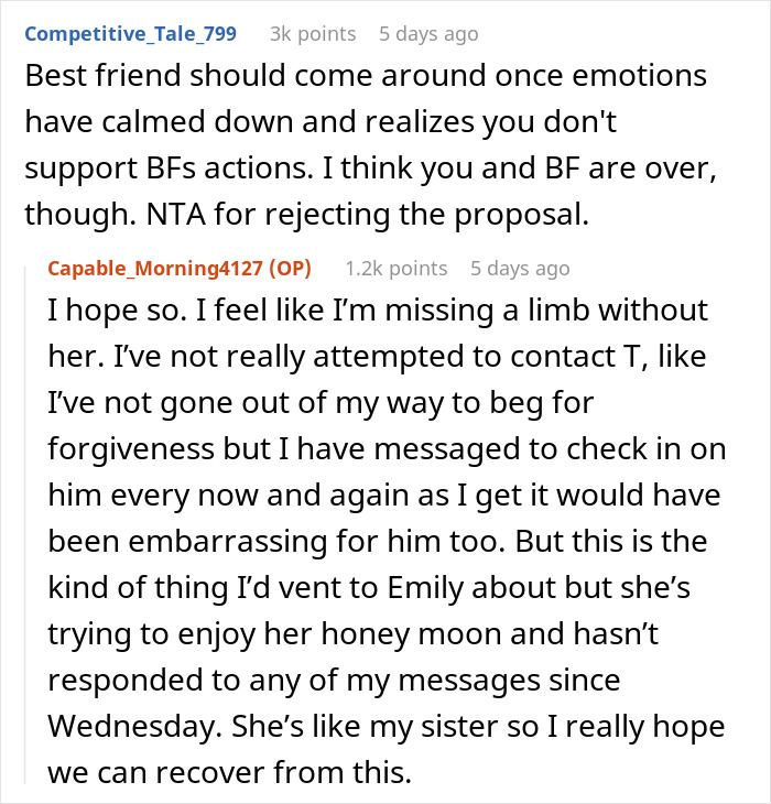 Reddit conversation showing reactions to a man planning a public proposal at wedding, leaving bride in tears and girlfriend embarrassed.