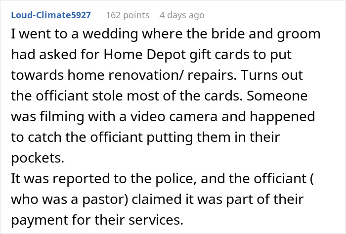 Comment describing bride sister steal money caught on camera exposed at a wedding where gift cards were stolen by the officiant. Comment describing bride sister steal money caught on camera exposed at a wedding where gift cards were stolen by the officiant.