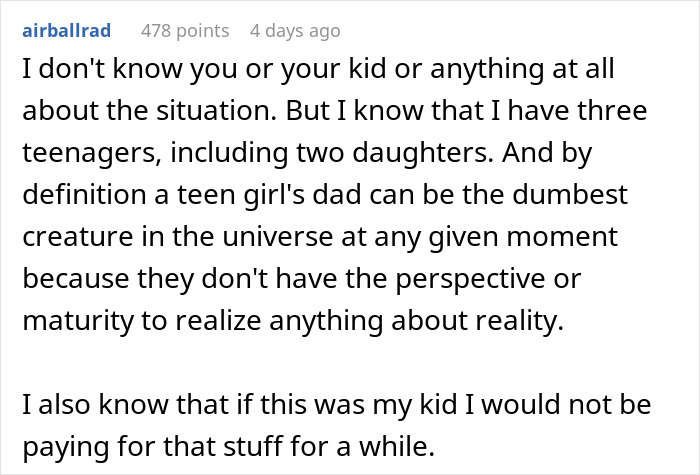 Comment discussing a dad’s perspective on teen daughters and generational trauma, reflecting on maturity and reality.