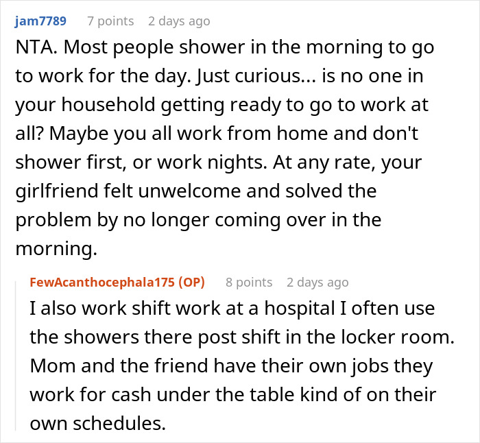 Alt text: Online discussion about man confused why his girlfriend stopped visiting him in the mornings causing drama with his mom. Alt text: Online discussion about man confused why his girlfriend stopped visiting him in the mornings causing drama with his mom.