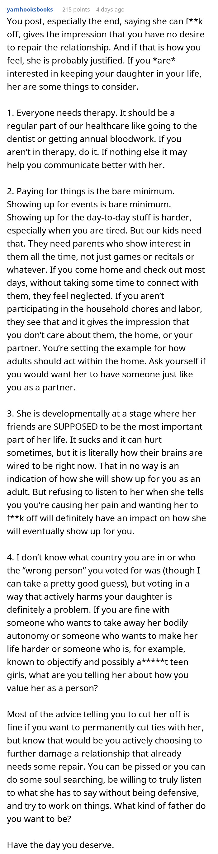 Screenshot of a discussion about a father grappling with his daughter's demands for apology over generational trauma.