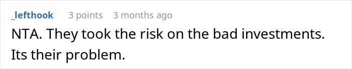 Screenshot of an online comment stating refusal to sacrifice future due to parents’ financial mistakes and bad investments.