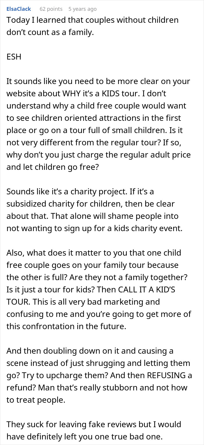 Screenshot of a forum discussion criticizing poor customer service by a tour company turning away childfree couples from family tours.