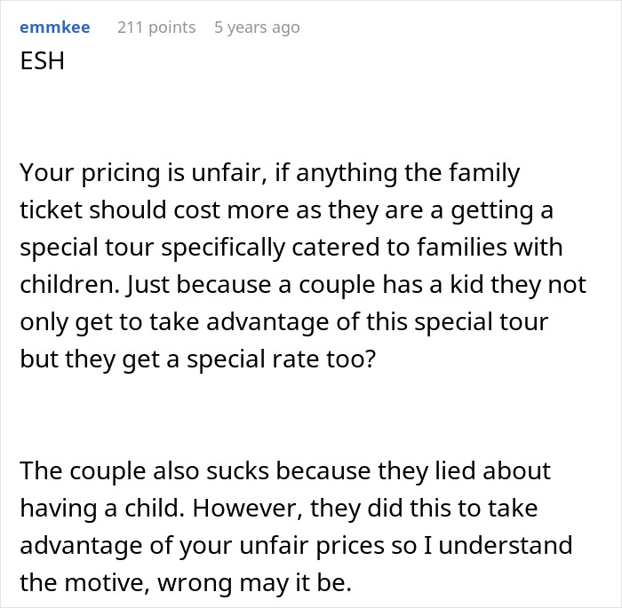 Screenshot of a social media comment criticizing a tour company’s family tour pricing and childfree couple policy.