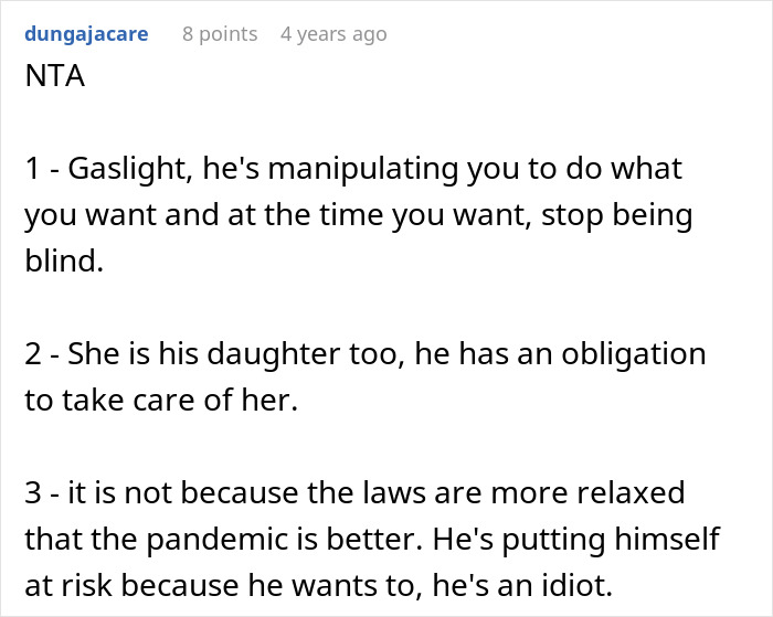 Screenshot of a Reddit comment discussing a man canceling plans to go on a cycle trip instead of watching his daughter. Screenshot of a Reddit comment discussing a man canceling plans to go on a cycle trip instead of watching his daughter.