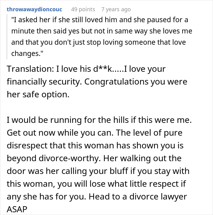 Text excerpt showing a Reddit comment discussing relationship issues and emotional betrayal after a husband feels sick realizing who their son is named after. Text excerpt showing a Reddit comment discussing relationship issues and emotional betrayal after a husband feels sick realizing who their son is named after.