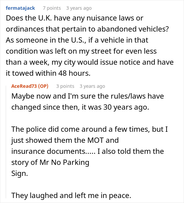 Screenshot of online discussion about nuisance laws and abandoned vehicles relating to public road parking and parking disputes. Screenshot of online discussion about nuisance laws and abandoned vehicles relating to public road parking and parking disputes.
