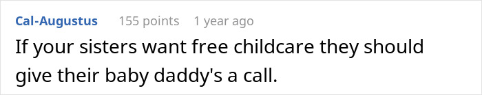 Comment text on a white background discussing sisters expecting free childcare from their baby daddies.