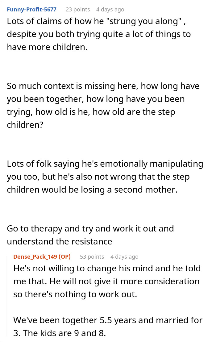 Reddit conversation discussing marriage challenges, kids, fertility struggles, and relationship therapy suggestions.
