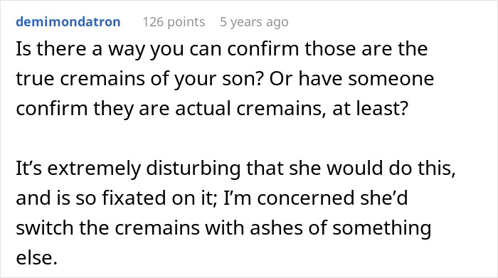 Comment discussing concerns about an entitled grandma causing family drama after stealing grandson’s ashes.