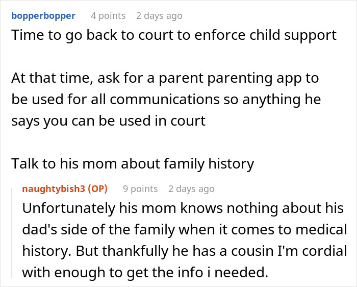Text conversation about legal steps to enforce child support and discussing family history with relatives related to a deadbeat dad case. Text conversation about legal steps to enforce child support and discussing family history with relatives related to a deadbeat dad case.