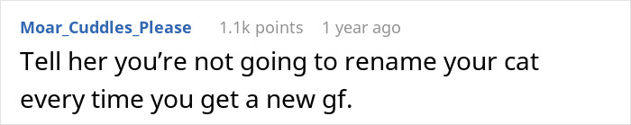 Screenshot of a comment about a woman furious her partner won’t rename the cat for her, highlighting a traumatic childhood mention. Screenshot of a comment about a woman furious her partner won’t rename the cat for her, highlighting a traumatic childhood mention.