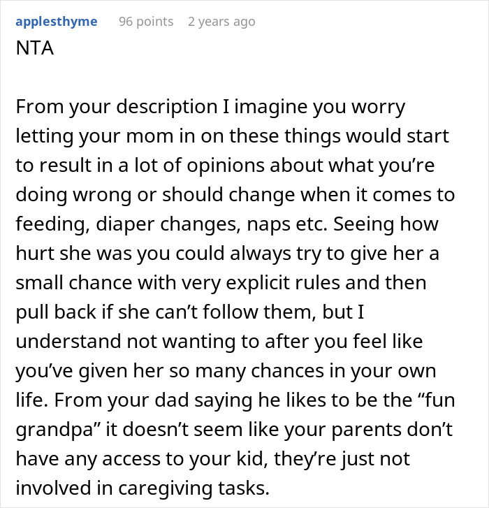 Alt text: Comment discussing overprotective mom not allowed to help with baby while in-laws are trusted caregivers Alt text: Comment discussing overprotective mom not allowed to help with baby while in-laws are trusted caregivers