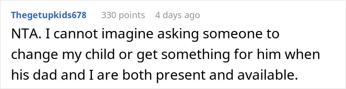 Comment stating a disagreement about sharing child care duties while brother-in-law is busy running after the child. Comment stating a disagreement about sharing child care duties while brother-in-law is busy running after the child.