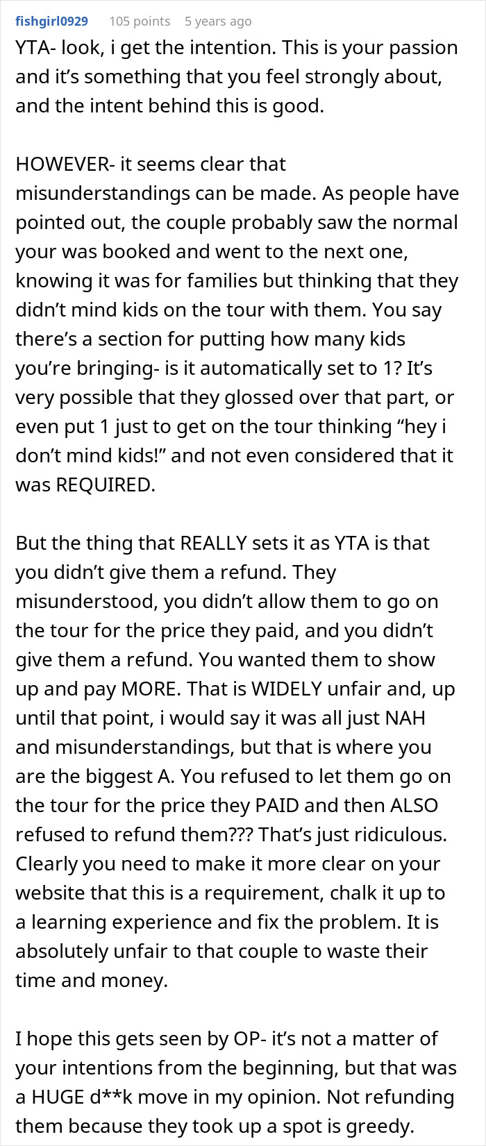 Screenshot of a detailed online comment discussing a tour company bombarded with bad reviews after turning away a childfree couple.