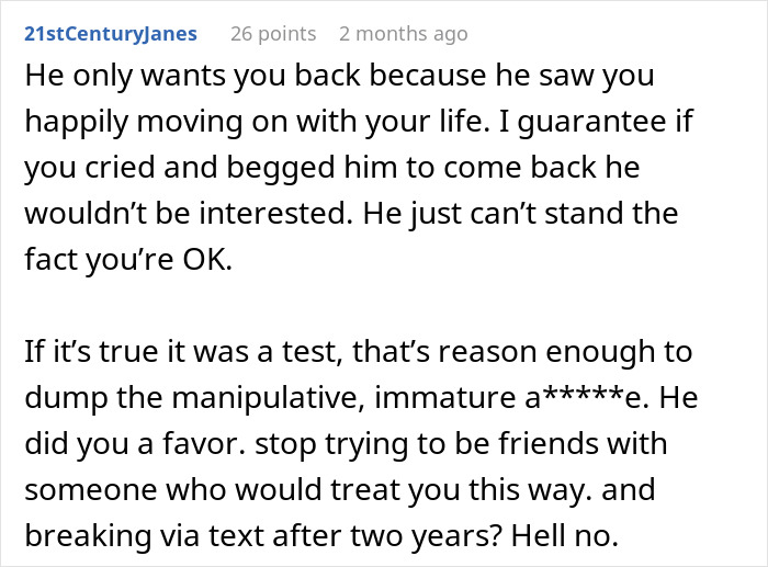 Comment discussing manipulative behavior after a boyfriend breaks up without warning and blocks contact abruptly.
