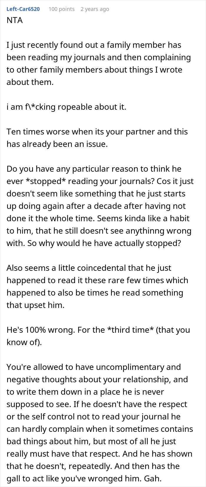 Man reads wife's diary behind her back, gets angry after discovering personal journal entries about their relationship. Man reads wife's diary behind her back, gets angry after discovering personal journal entries about their relationship.