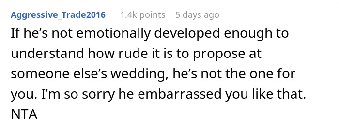 Text comment from Aggressive_Trade2016 discussing emotional maturity and embarrassment over a public proposal at a wedding.