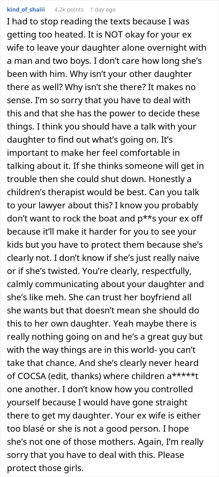 Comment expressing concern about 8-year-old spending the night at mom’s boyfriend’s house causing dad to freak out. Comment expressing concern about 8-year-old spending the night at mom’s boyfriend’s house causing dad to freak out.