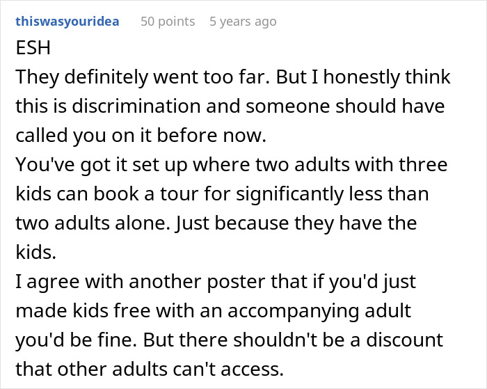 Screenshot of a forum comment discussing discrimination claims against a tour company accused of bias on family tours.