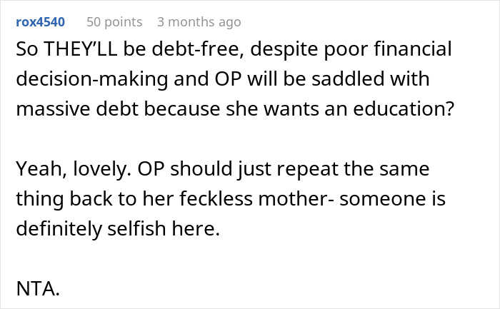 Screenshot of an online comment discussing a teen refusing to sacrifice her future due to parents’ financial mistakes.