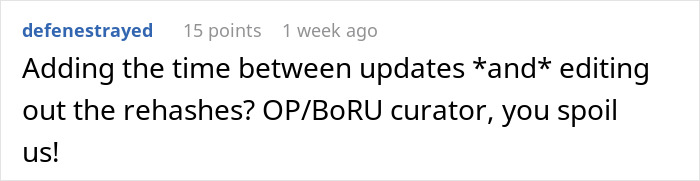 Comment on Reddit discussing time between updates and editing out rehashes in an online forum thread. Comment on Reddit discussing time between updates and editing out rehashes in an online forum thread.