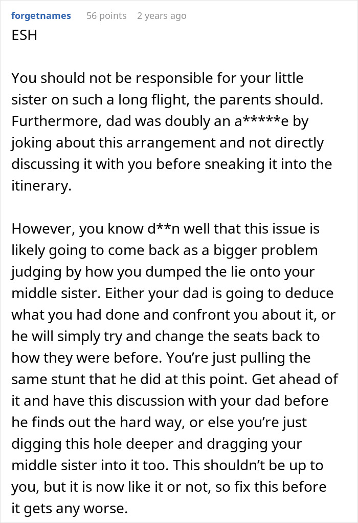 Alt text: Woman sneakily swapping seats to avoid babysitting little sister during family trip paid by dad in airplane cabin. Alt text: Woman sneakily swapping seats to avoid babysitting little sister during family trip paid by dad in airplane cabin.