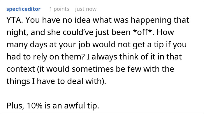 Screenshot of a forum comment discussing tipping etiquette, addressing low tips and waitress shaming incidents. Screenshot of a forum comment discussing tipping etiquette, addressing low tips and waitress shaming incidents.