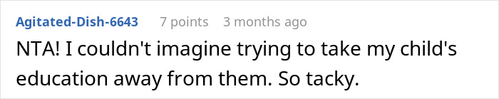 Screenshot of an online comment expressing disagreement with parents taking away a teen's education over financial issues.