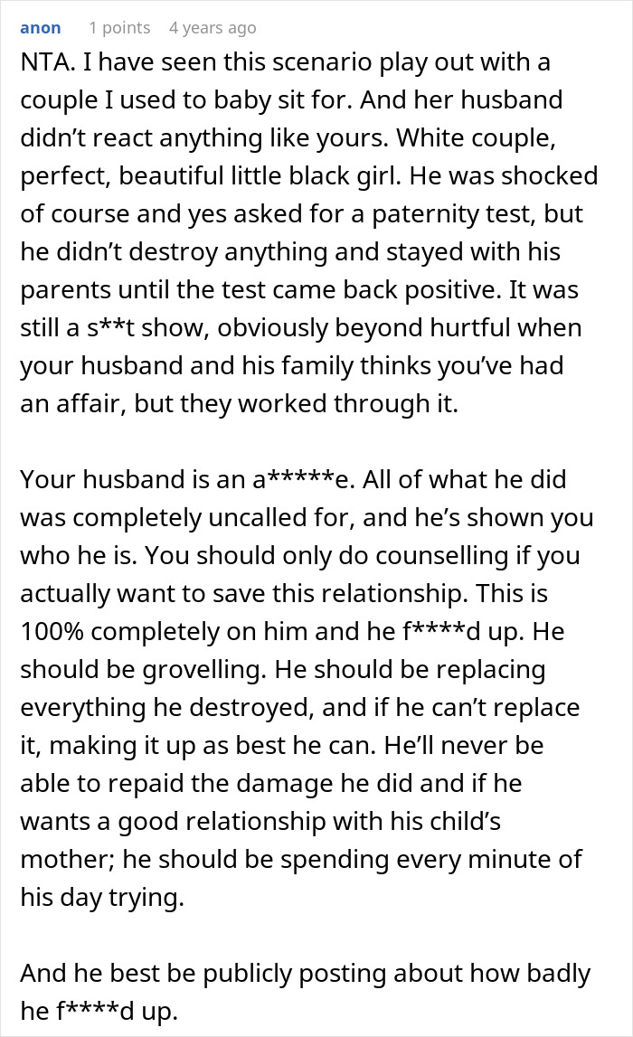 Comment discussing a husband’s paternity doubts and forgiveness after a DNA test involving his daughter's dark skin. Comment discussing a husband’s paternity doubts and forgiveness after a DNA test involving his daughter's dark skin.