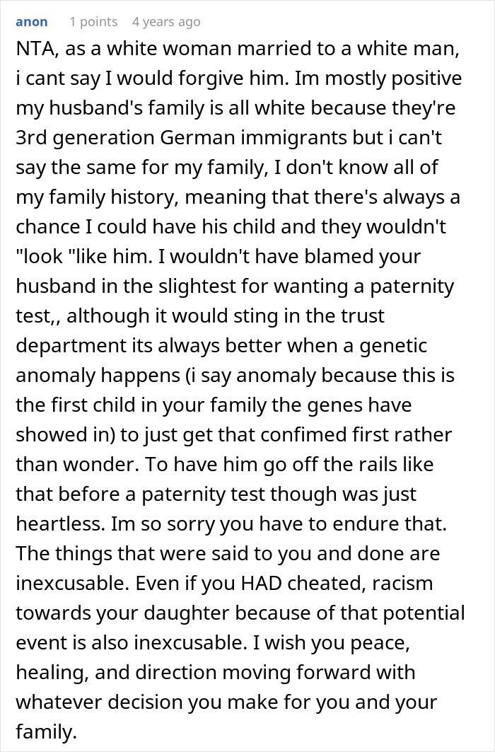 Comment discussing forgiveness and racism after a lady accused of cheating due to daughter’s dark skin and a DNA test. Comment discussing forgiveness and racism after a lady accused of cheating due to daughter’s dark skin and a DNA test.