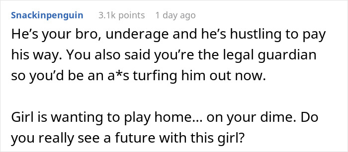 Comment discussing a teen working two jobs after losing parents, labeled a freeloader by brother’s girlfriend. Comment discussing a teen working two jobs after losing parents, labeled a freeloader by brother’s girlfriend.
