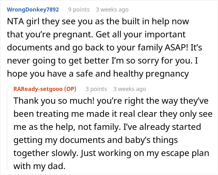 Reddit conversation showing support for pregnant lady refusing to babysit niblings amid family tension and racist attitudes. Reddit conversation showing support for pregnant lady refusing to babysit niblings amid family tension and racist attitudes.