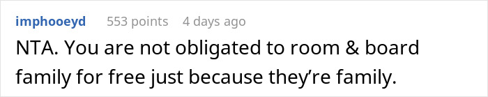 Screenshot of a Reddit comment explaining that you are not obligated to provide free room and board to entitled family members.