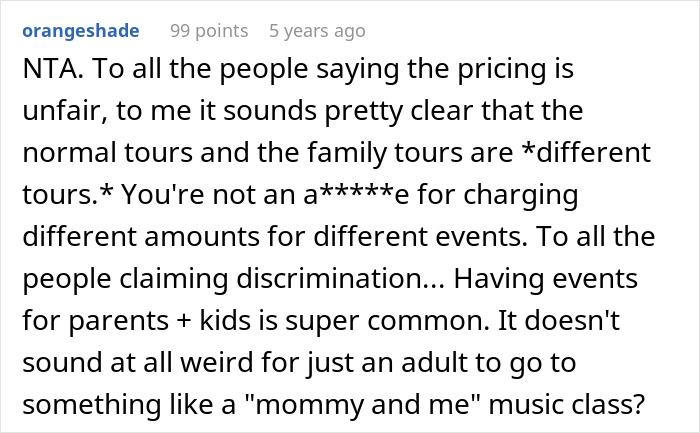 Screenshot of a forum comment defending tour company policies amid reviews after turning away a childfree couple from family tour.