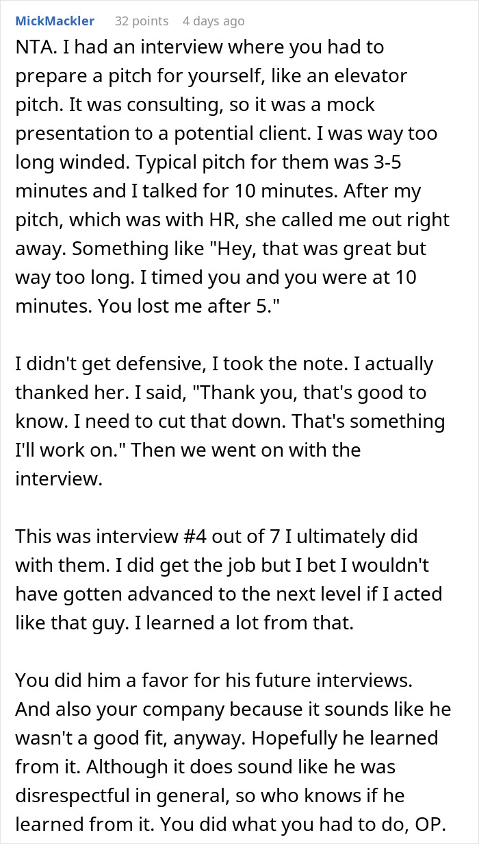 Comment discussing a job interview pitch and learning from a candidate who blew a high chance of getting hired in minutes. Comment discussing a job interview pitch and learning from a candidate who blew a high chance of getting hired in minutes.