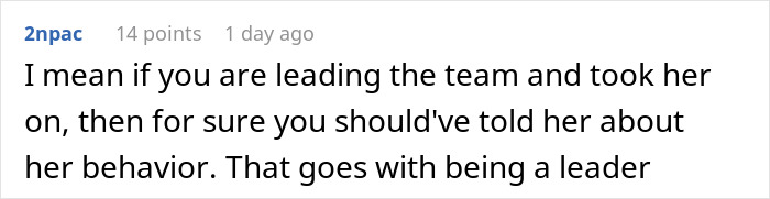 Screenshot of a Reddit comment discussing leadership responsibility and telling a friend about getting fired to prevent consequences.