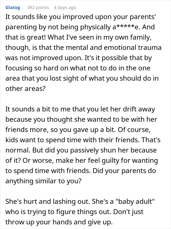 Commenter discussing generational trauma and parenting challenges, advising on emotional healing and family dynamics.