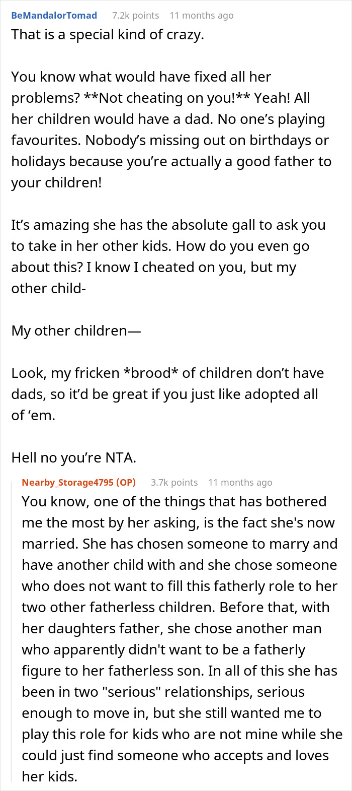 Alt text: Online discussion about woman cheating on partner and expecting him to care for her children with other men. Alt text: Online discussion about woman cheating on partner and expecting him to care for her children with other men.