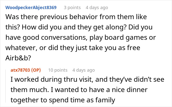 Online forum exchange discussing a family’s entitled behavior leaving them hungry and banned from visits.