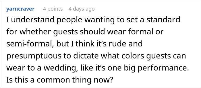 Comment discussing guests wearing neutrals versus color at weddings, highlighting etiquette around dress codes and expectations. Comment discussing guests wearing neutrals versus color at weddings, highlighting etiquette around dress codes and expectations.