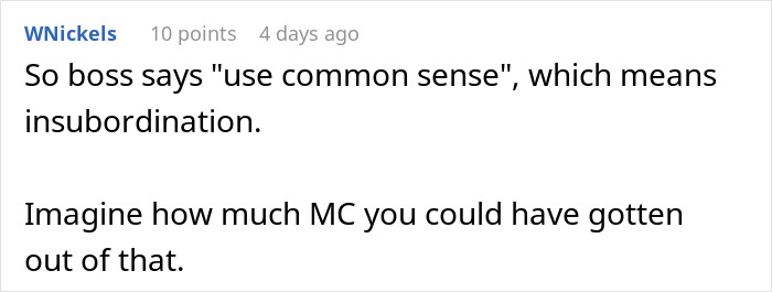 Screenshot of a Reddit comment discussing a boss instructing messaging after every client and the ignored employee’s frustration.