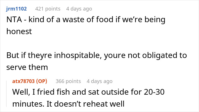 Screenshot of a conversation about family’s entitled behavior and refusal to serve unhospitable relatives.