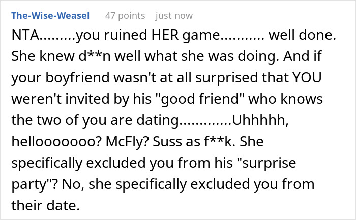 Text message discussing a guy's female best friend excluding his girlfriend from a surprise birthday party. Text message discussing a guy's female best friend excluding his girlfriend from a surprise birthday party.