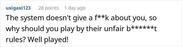 User comment about the system’s unfair rules, shared online with bold language, related to person gets laid off and pretends employed. User comment about the system’s unfair rules, shared online with bold language, related to person gets laid off and pretends employed.