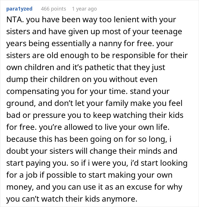 Teen draws the line after years of unpaid babysitting and lack of respect from sister’s kids and family.