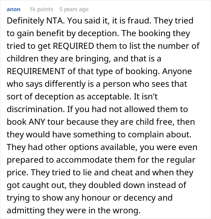 Screenshot of an online comment discussing a tour company bombarded with bad reviews after turning away a childfree couple from a family tour.