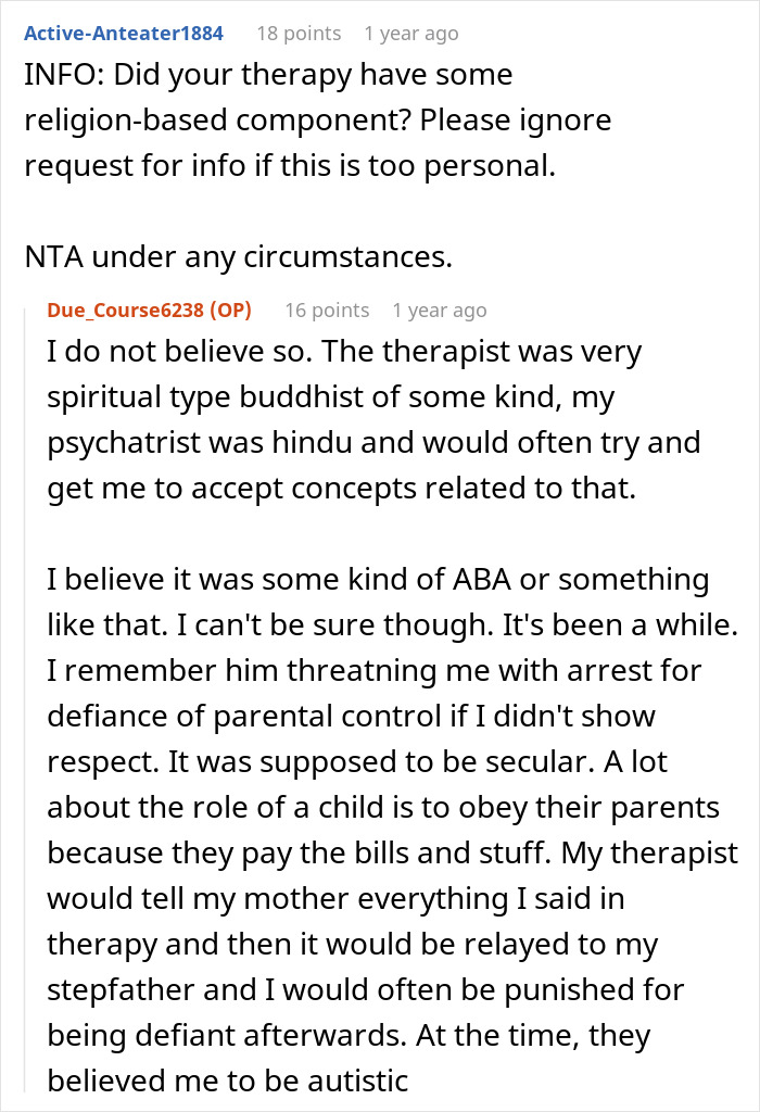 Reddit conversation discussing therapy experiences and challenges with an unhinged stepfather and parental control issues. Reddit conversation discussing therapy experiences and challenges with an unhinged stepfather and parental control issues.