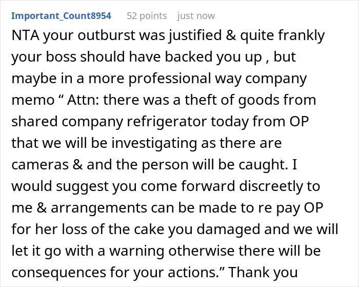Comment text discussing a woman’s custom baby shower cake ruined in a shared fridge and workplace responses.